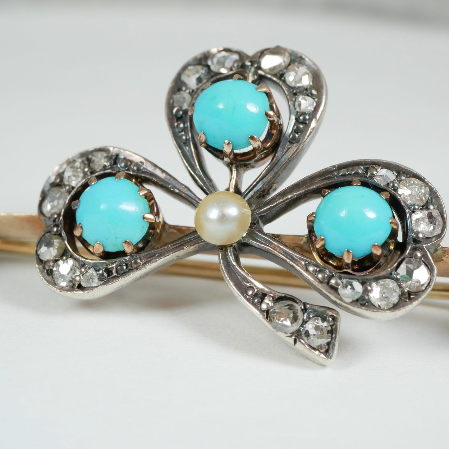 Antique Victorian 9ct Yellow Gold Turquoise Diamond Pearl Shamrock Brooch Clover