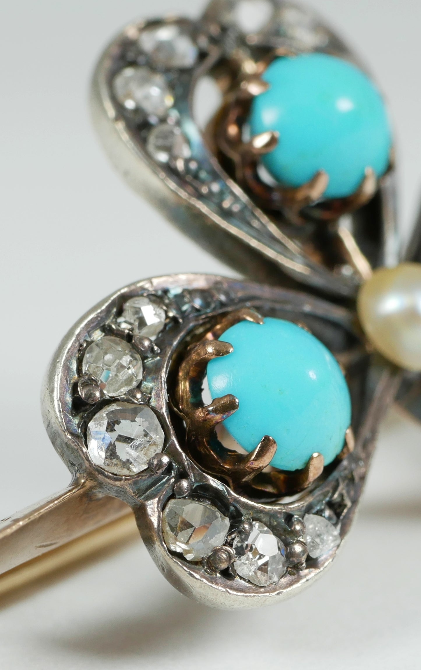 Antique Victorian 9ct Yellow Gold Turquoise Diamond Pearl Shamrock Brooch Clover