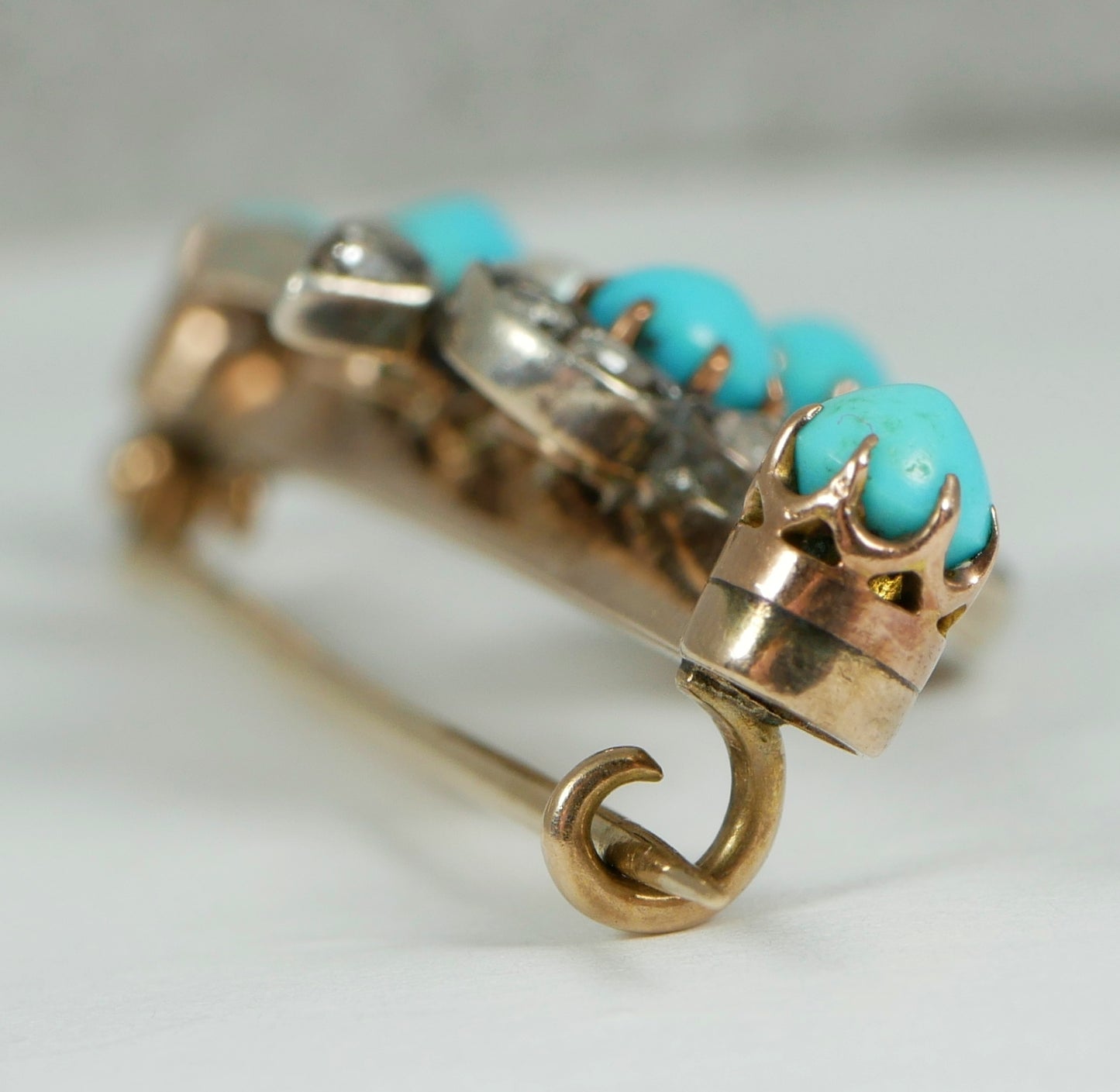 Antique Victorian 9ct Yellow Gold Turquoise Diamond Pearl Shamrock Brooch Clover