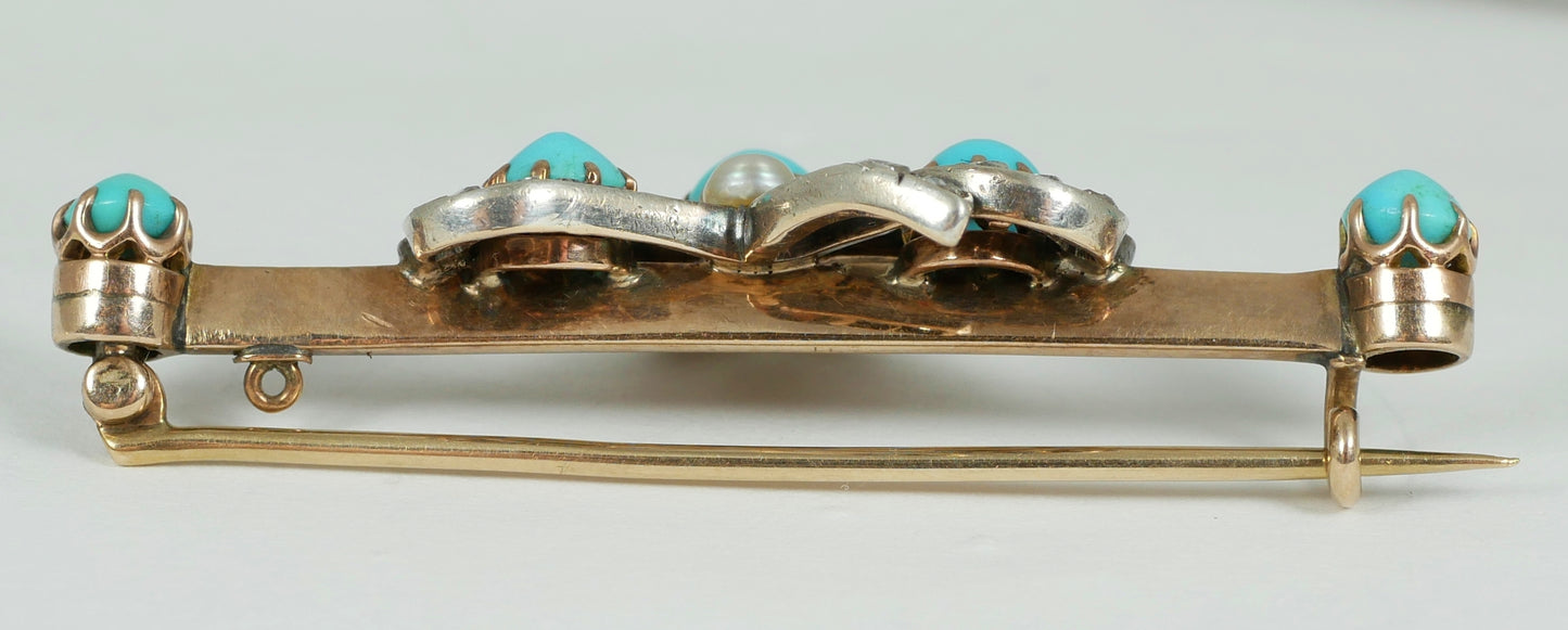 Antique Victorian 9ct Yellow Gold Turquoise Diamond Pearl Shamrock Brooch Clover