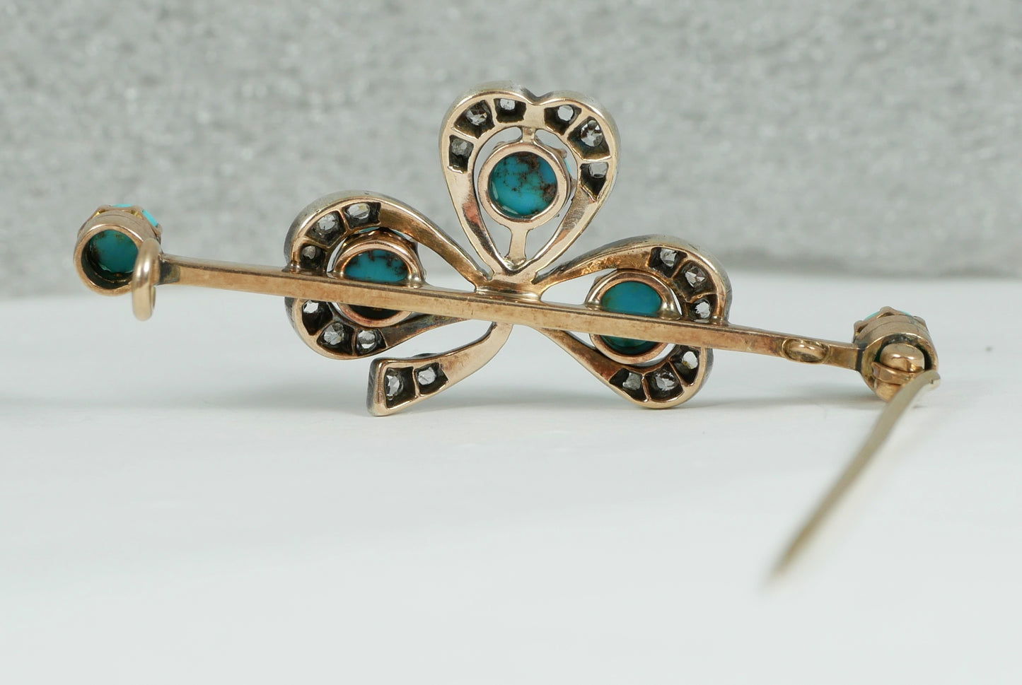Antique Victorian 9ct Yellow Gold Turquoise Diamond Pearl Shamrock Brooch Clover