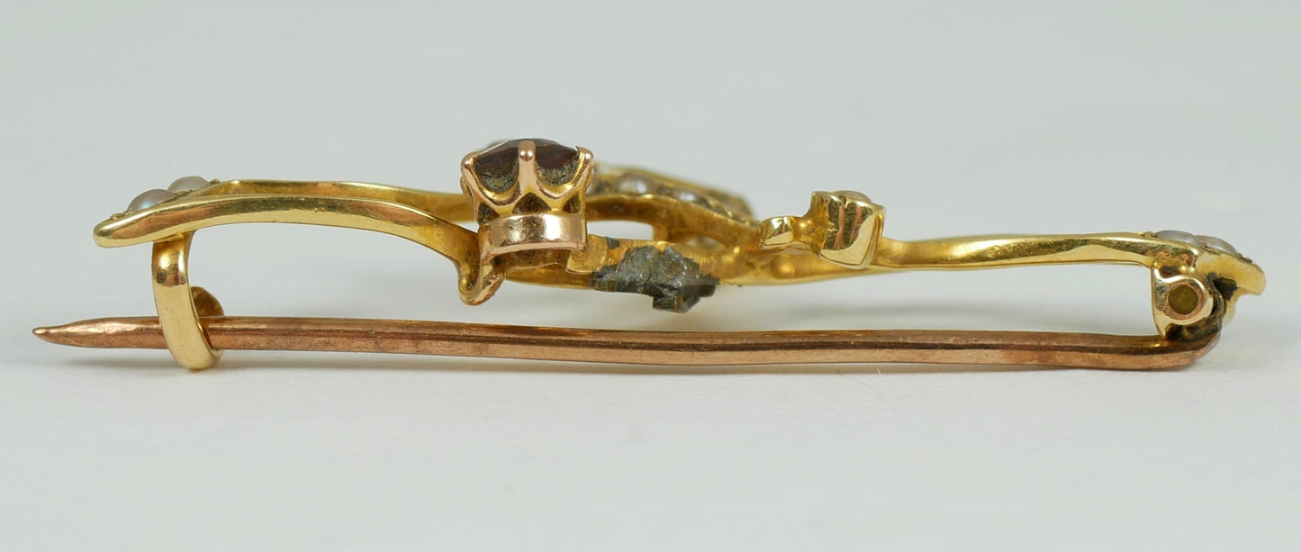 Antique Art Nouveau 1905 Solid 15ct Yellow Gold Garnet & Seed Pearl Brooch Pin
