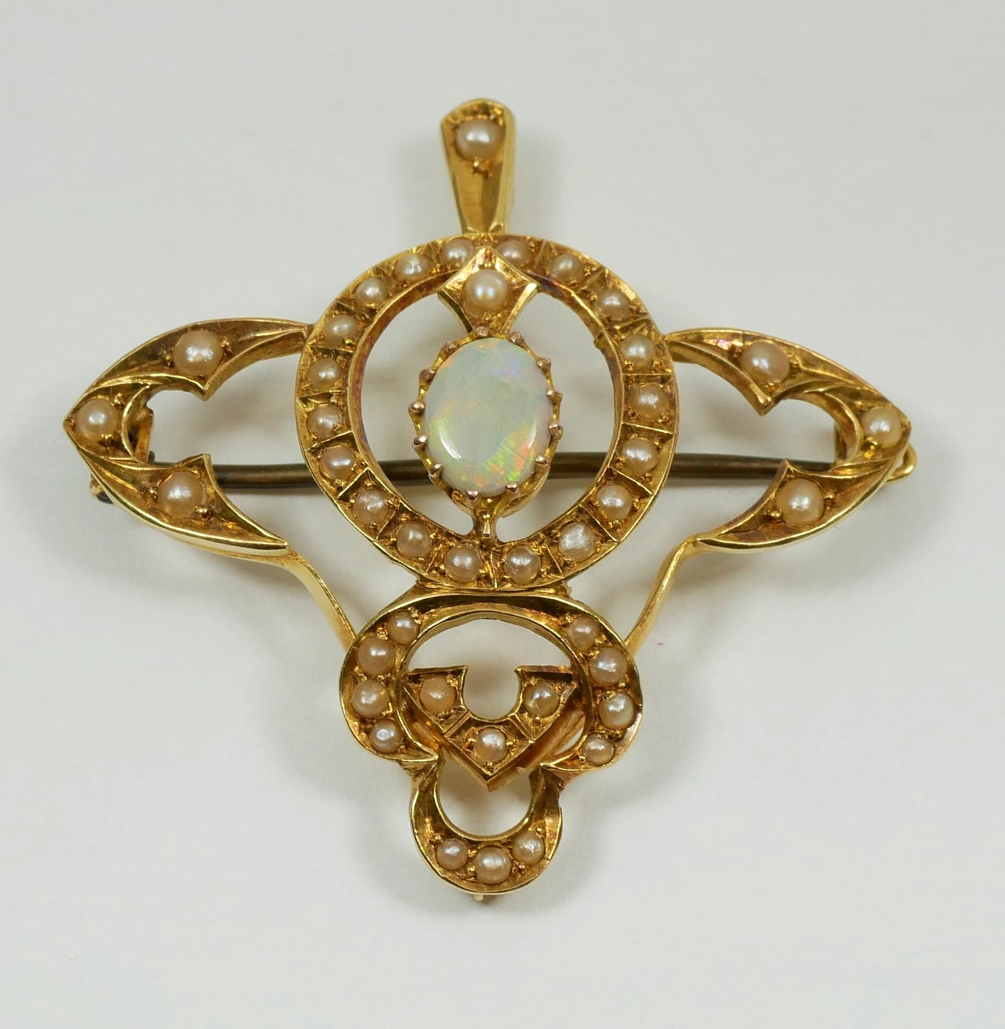 Antique Art Nouveau 1905 Solid 15ct Yellow Gold Opal & Seed Pearl Pendant Brooch