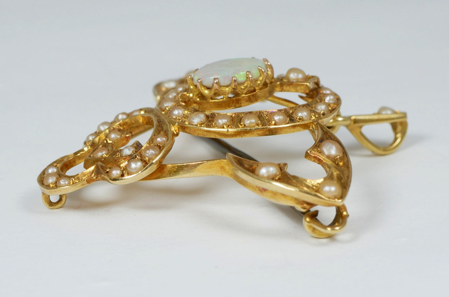 Antique Art Nouveau 1905 Solid 15ct Yellow Gold Opal & Seed Pearl Pendant Brooch
