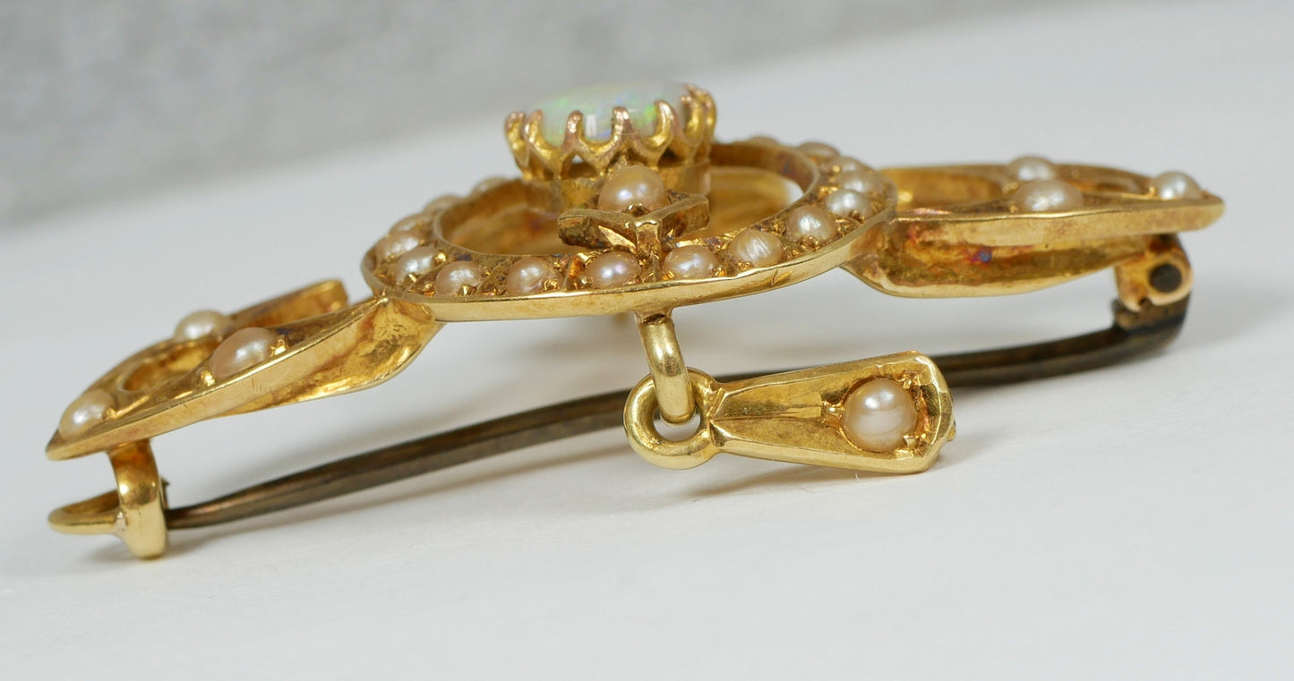 Antique Art Nouveau 1905 Solid 15ct Yellow Gold Opal & Seed Pearl Pendant Brooch