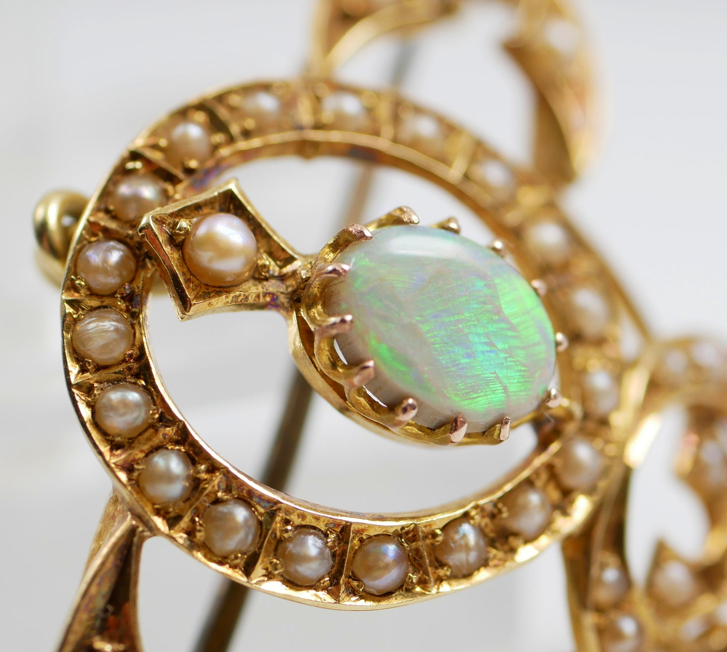Antique Art Nouveau 1905 Solid 15ct Yellow Gold Opal & Seed Pearl Pendant Brooch