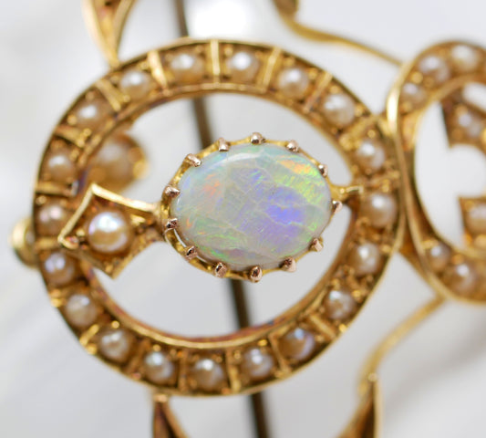 Antique Art Nouveau 1905 Solid 15ct Yellow Gold Opal & Seed Pearl Pendant Brooch