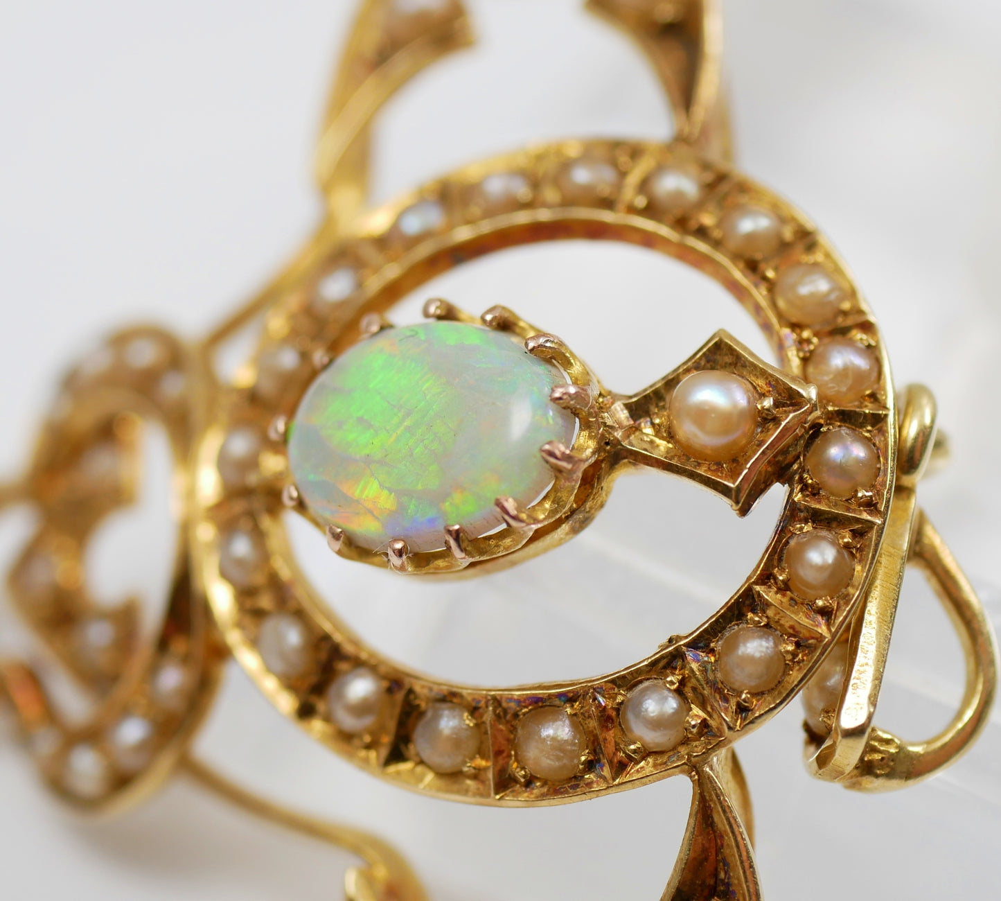 Antique Art Nouveau 1905 Solid 15ct Yellow Gold Opal & Seed Pearl Pendant Brooch