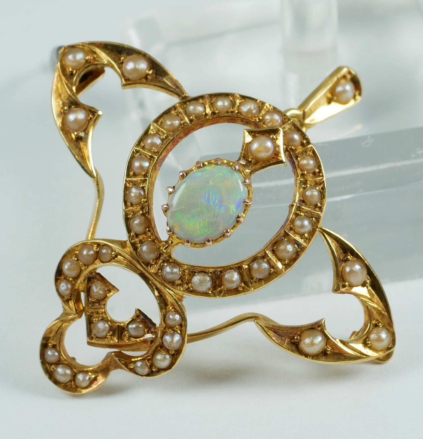 Antique Art Nouveau 1905 Solid 15ct Yellow Gold Opal & Seed Pearl Pendant Brooch