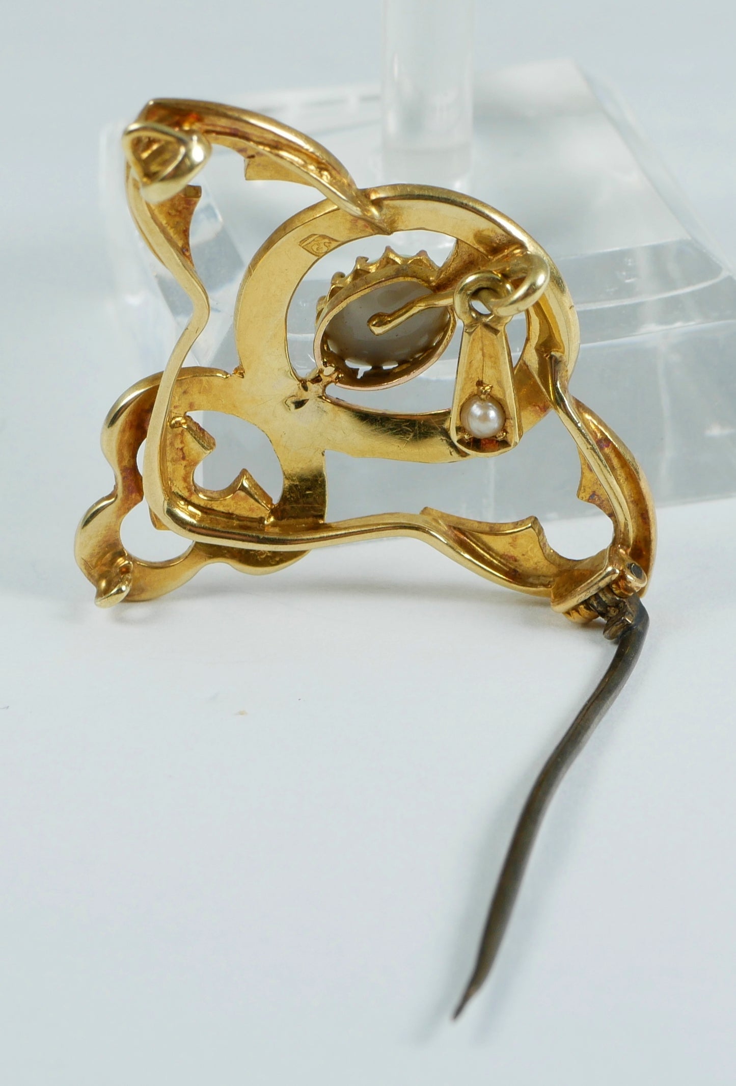 Antique Art Nouveau 1905 Solid 15ct Yellow Gold Opal & Seed Pearl Pendant Brooch