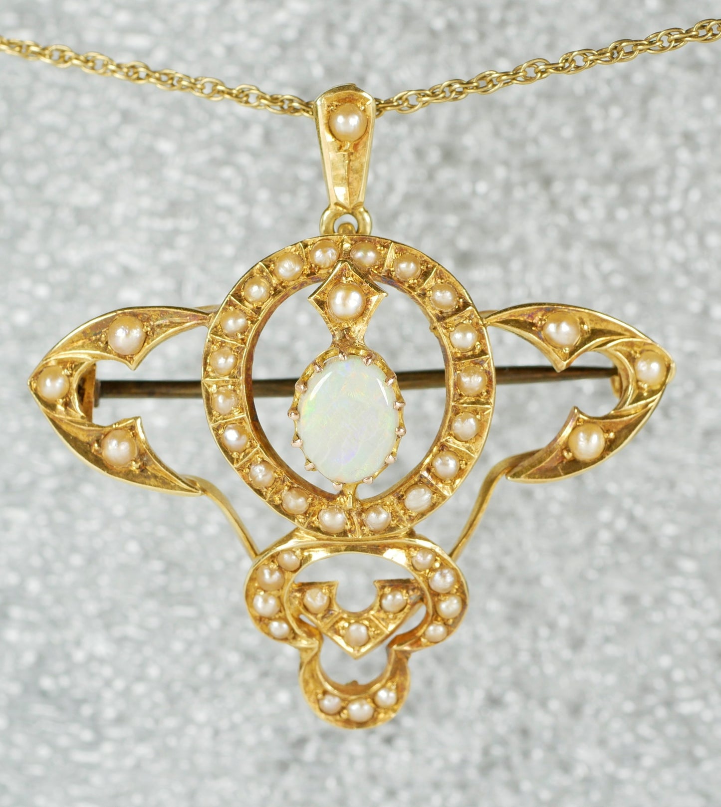 Antique Art Nouveau 1905 Solid 15ct Yellow Gold Opal & Seed Pearl Pendant Brooch