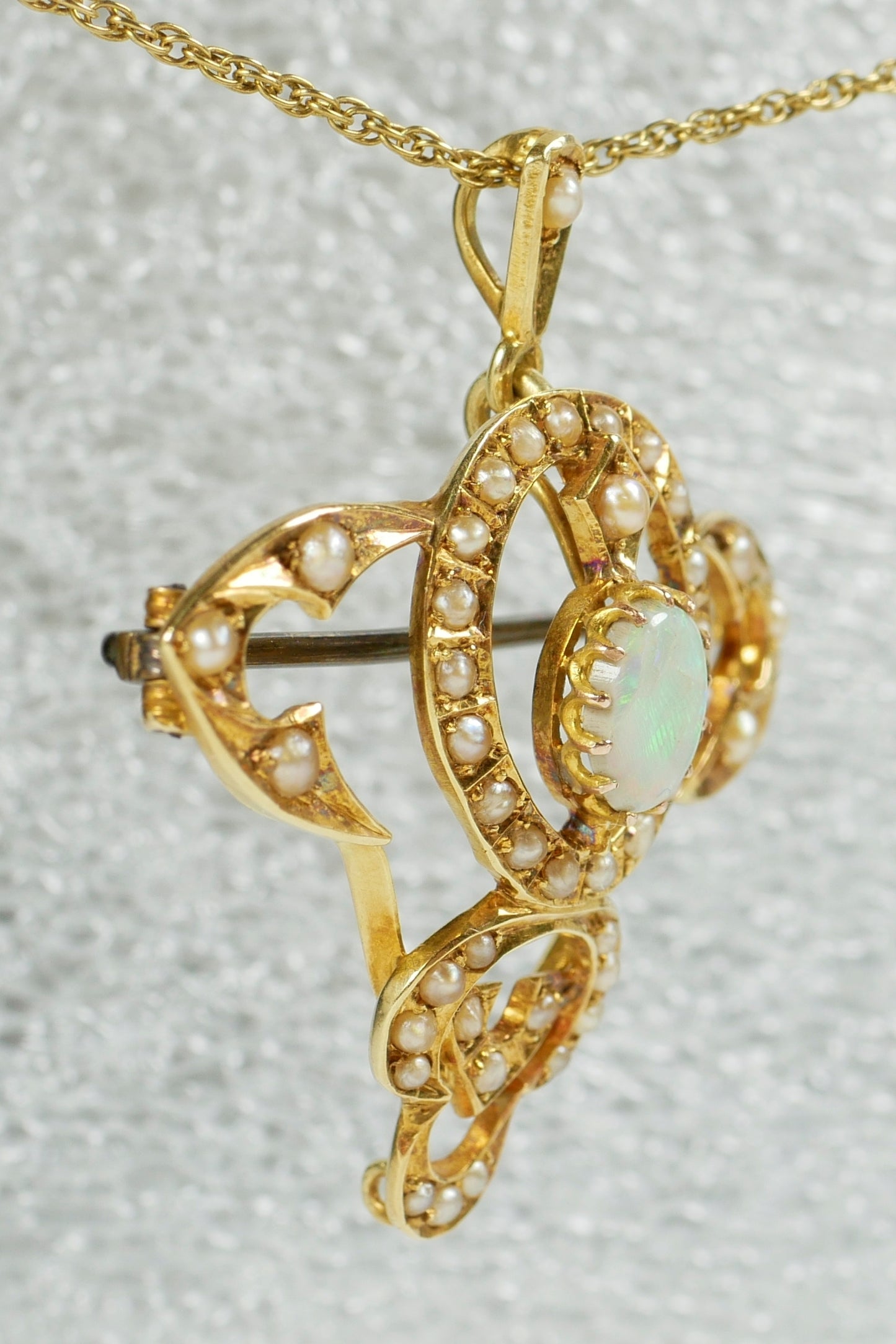Antique Art Nouveau 1905 Solid 15ct Yellow Gold Opal & Seed Pearl Pendant Brooch