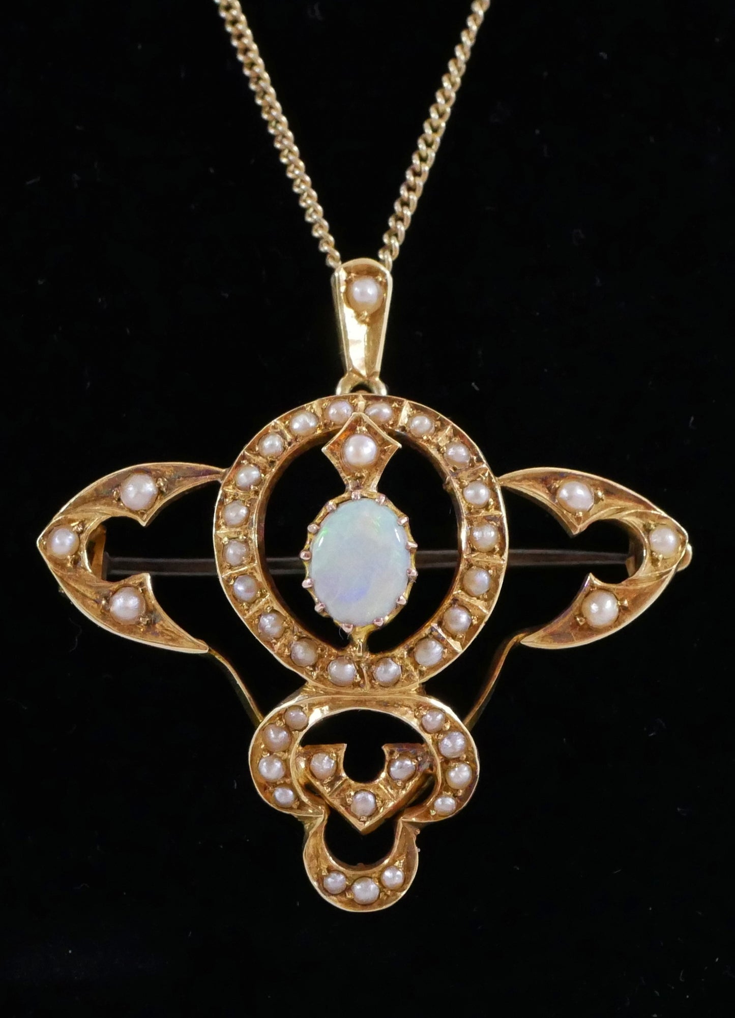 Antique Art Nouveau 1905 Solid 15ct Yellow Gold Opal & Seed Pearl Pendant Brooch