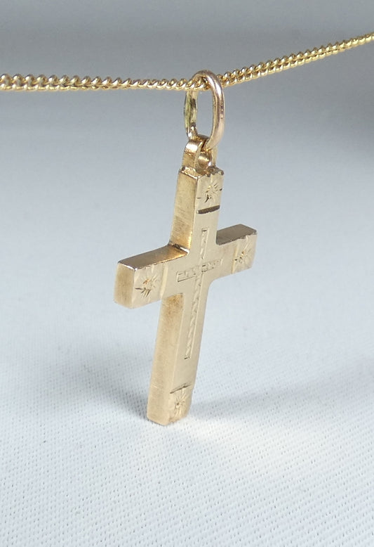 Vintage Solid 14ct Yellow Gold 27mm Bright Cut Cross Crucifix Necklace Pendant