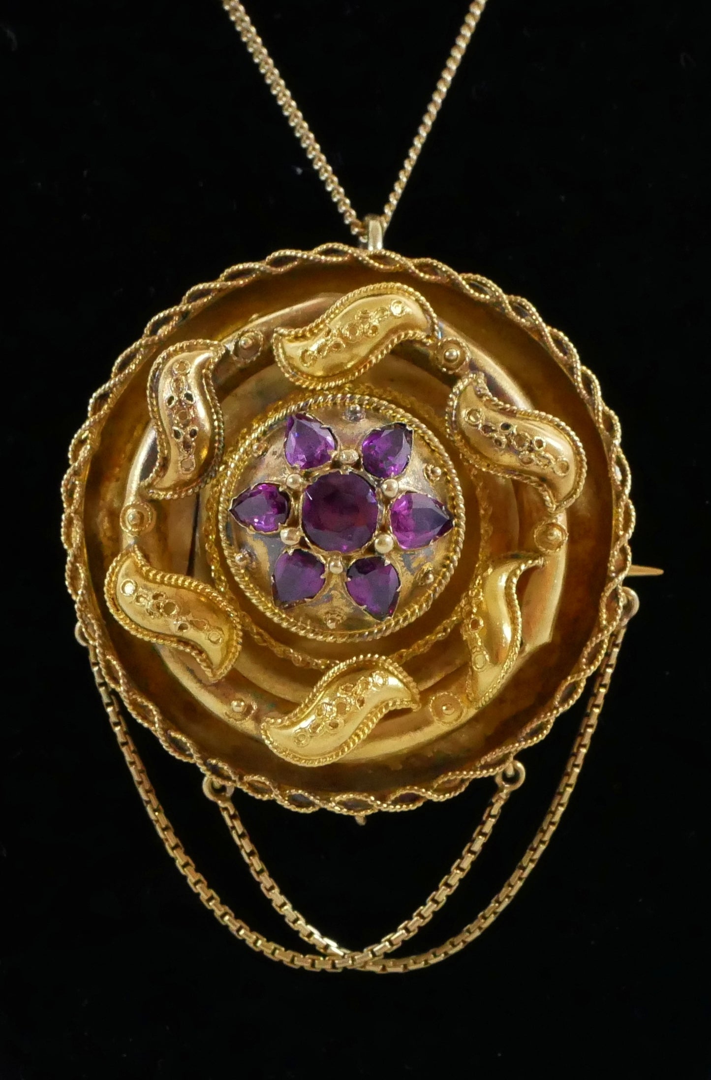 Antique Victorian Large Solid 18ct Yellow Gold Rhodolite Etruscan Pendant Brooch