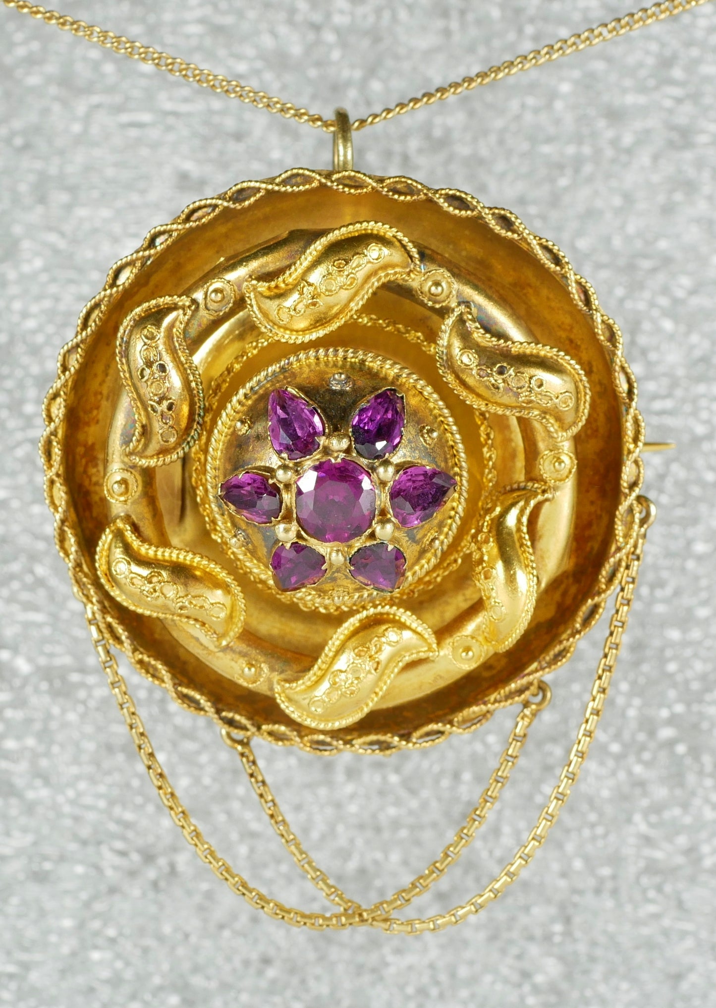 Antique Victorian Large Solid 18ct Yellow Gold Rhodolite Etruscan Pendant Brooch