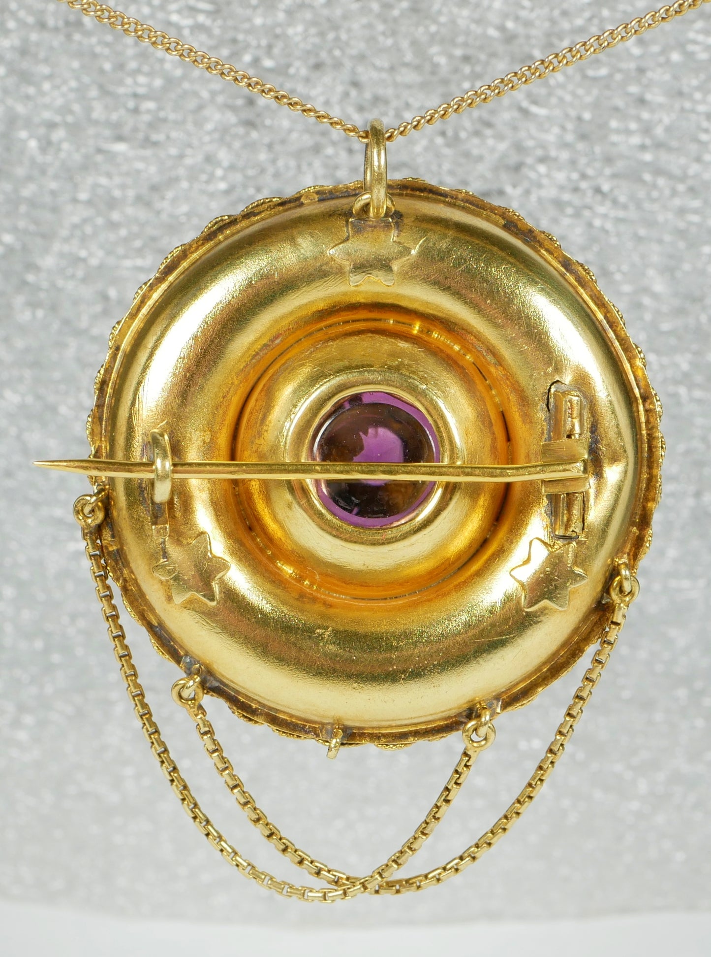 Antique Victorian Large Solid 18ct Yellow Gold Rhodolite Etruscan Pendant Brooch