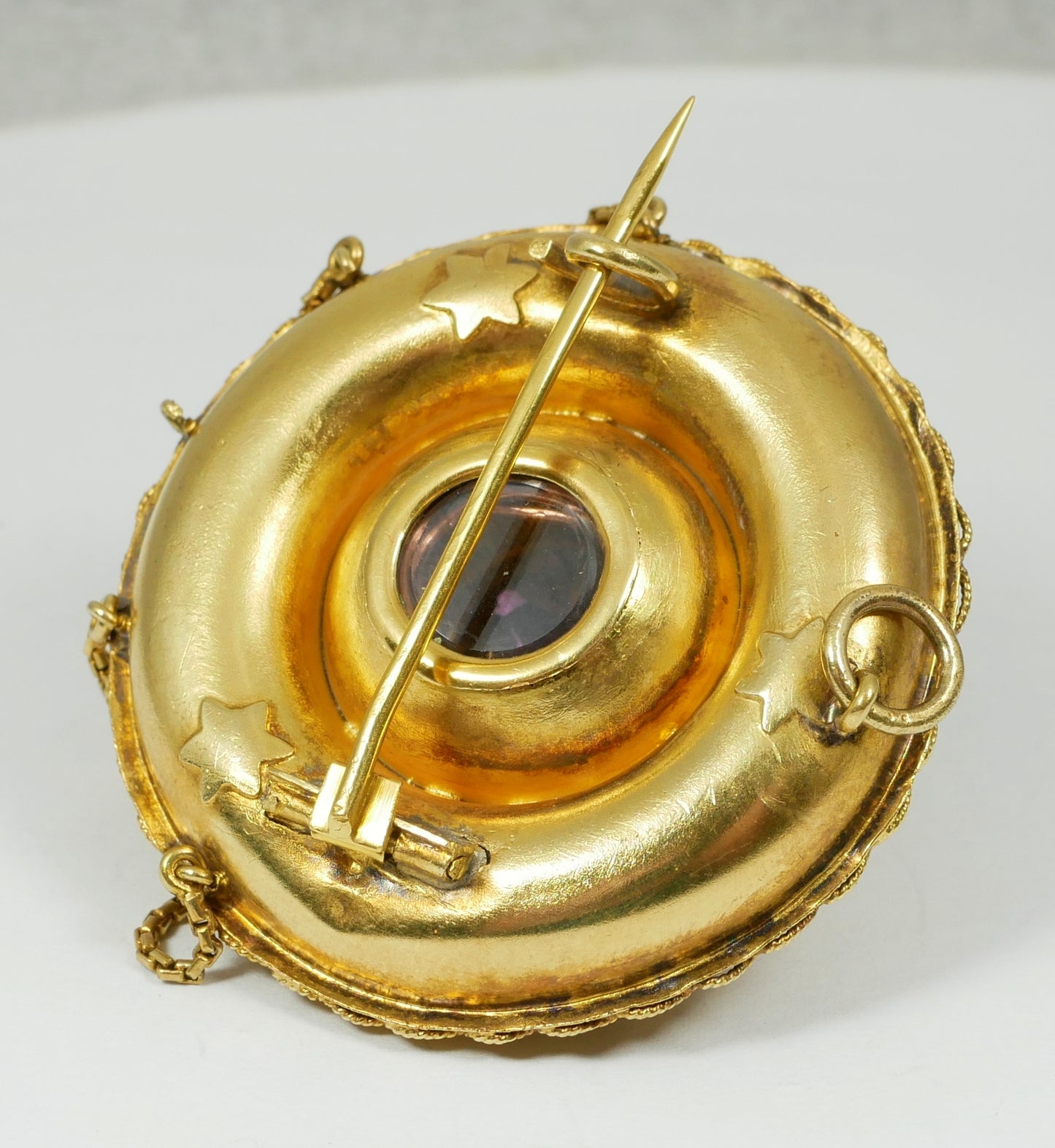 Antique Victorian Large Solid 18ct Yellow Gold Rhodolite Etruscan Pendant Brooch