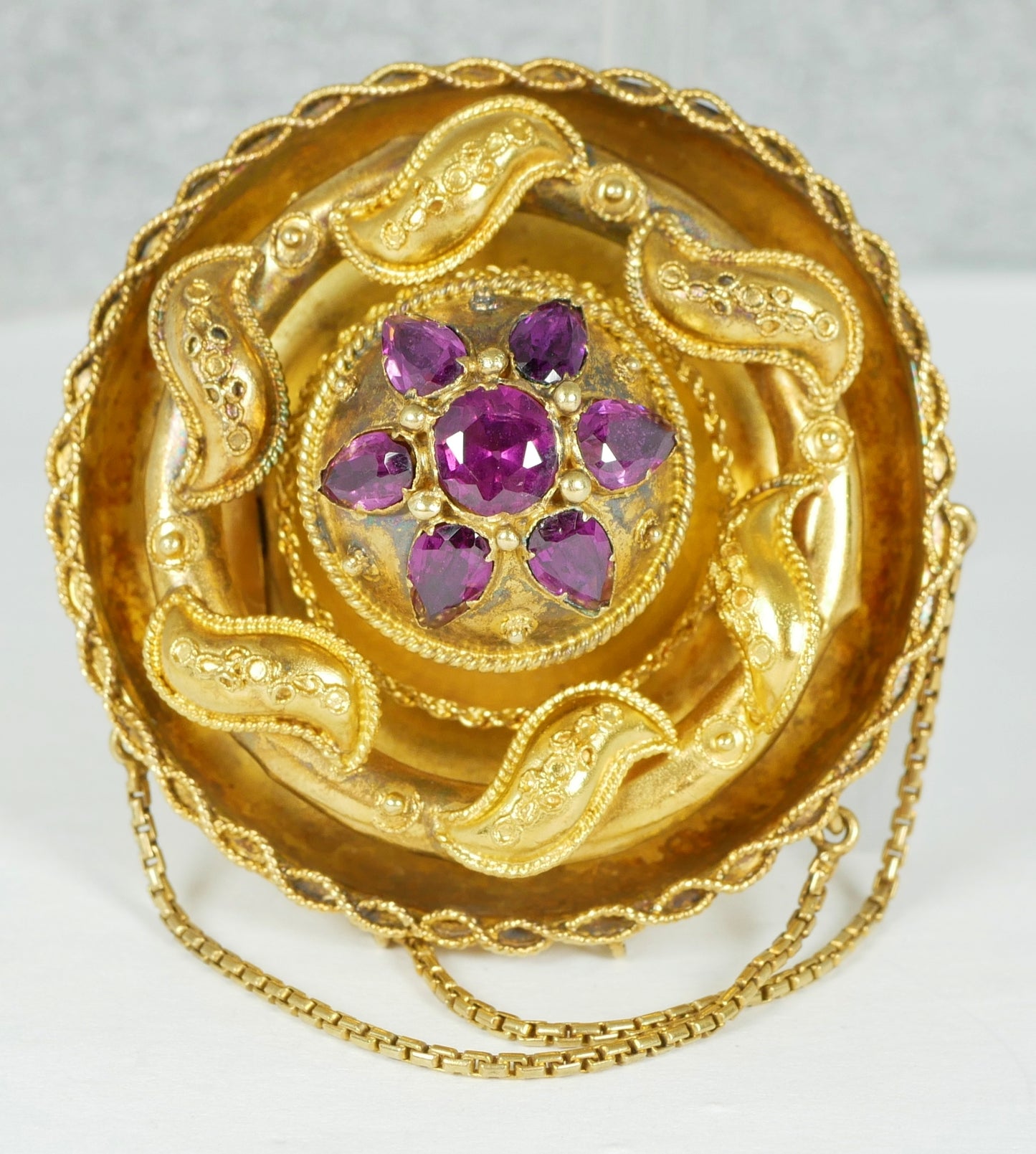 Antique Victorian Large Solid 18ct Yellow Gold Rhodolite Etruscan Pendant Brooch