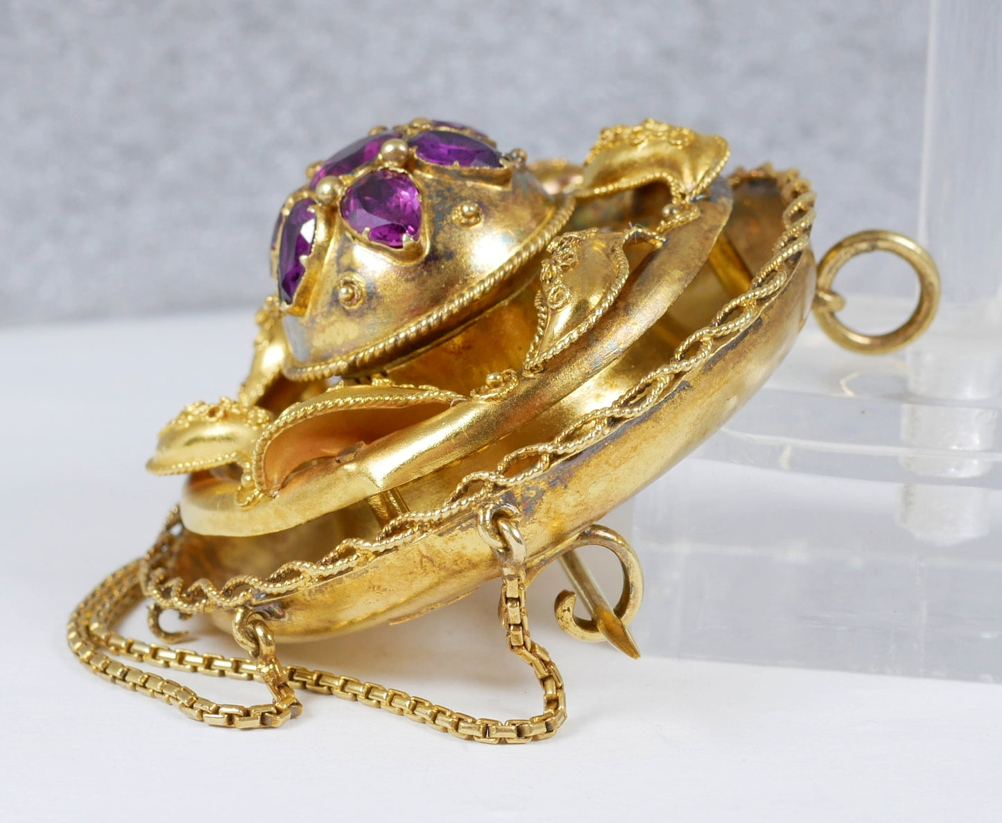 Antique Victorian Large Solid 18ct Yellow Gold Rhodolite Etruscan Pendant Brooch