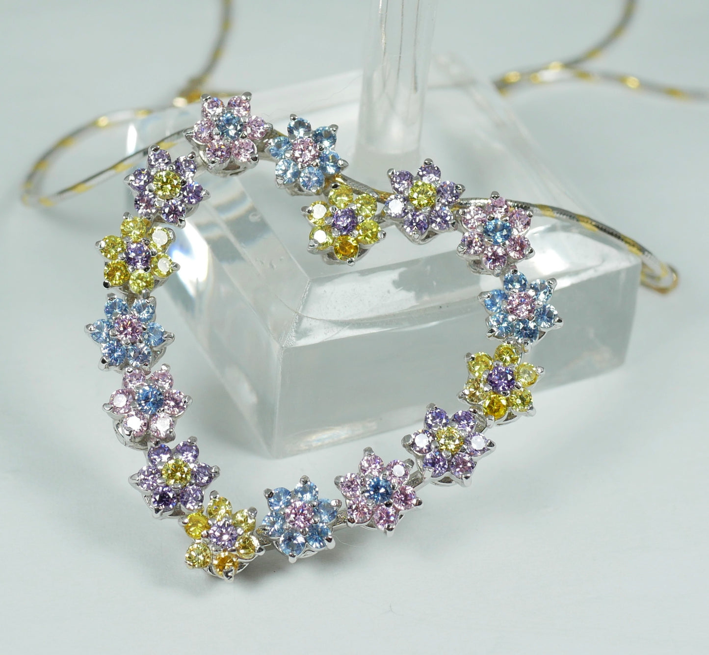 Italian Solid 18ct White Gold Sapphire Cluster Heart Pendant 42cm Necklace Chain