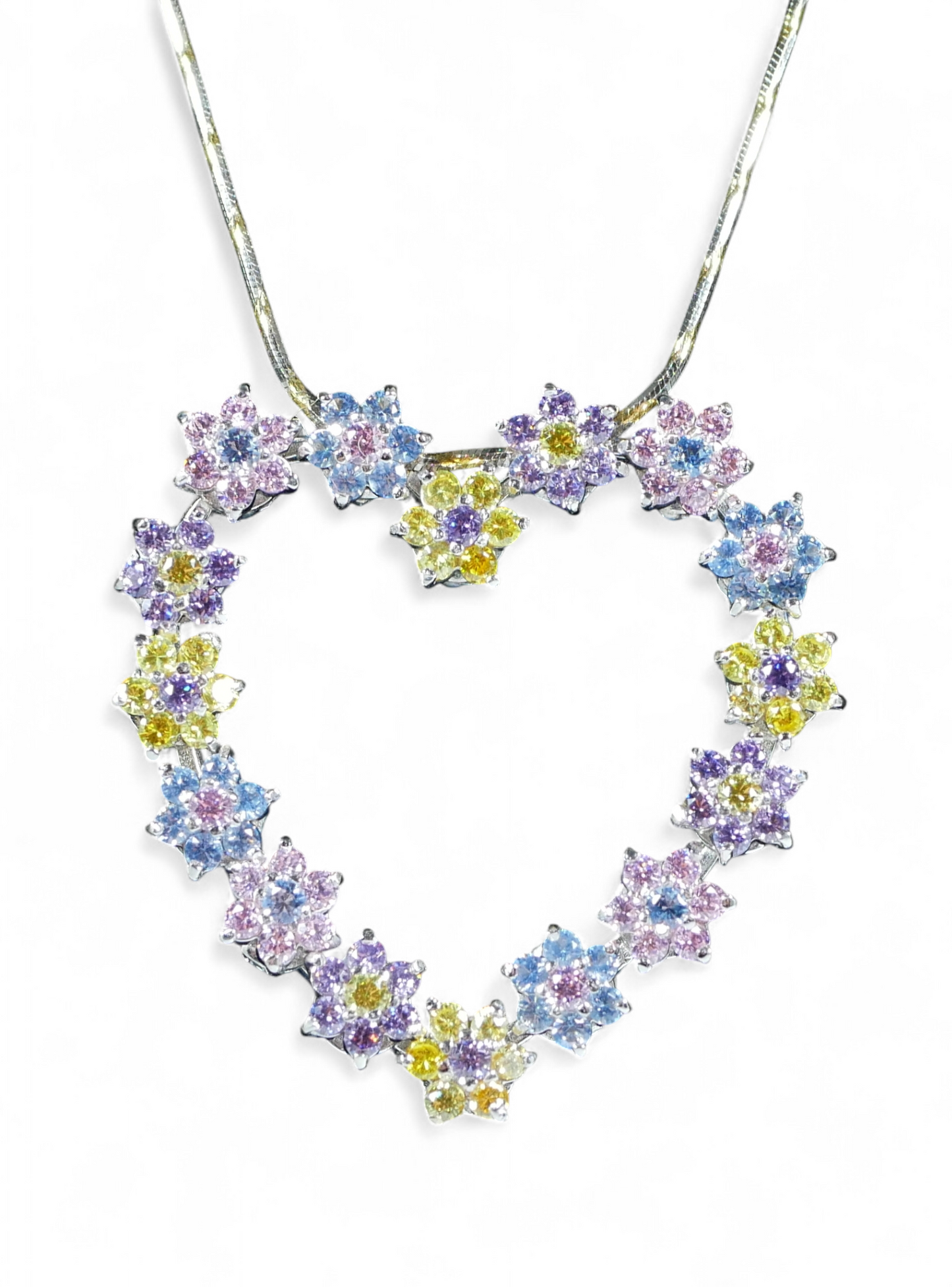 Italian Solid 18ct White Gold Sapphire Cluster Heart Pendant 42cm Necklace Chain