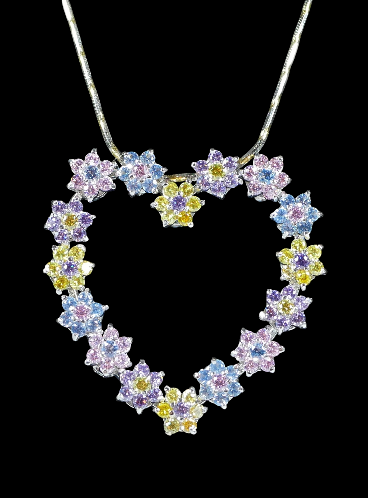 Italian Solid 18ct White Gold Sapphire Cluster Heart Pendant 42cm Necklace Chain