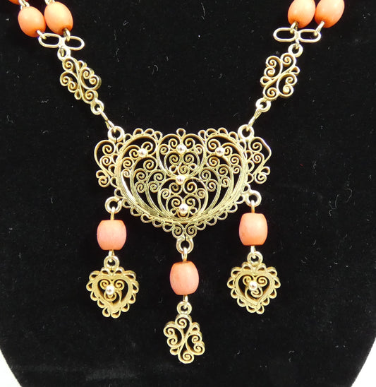 Antique Vintage 14ct Gold Filigree & Red Coral Bead 45cm Necklace Chain 36gm 585