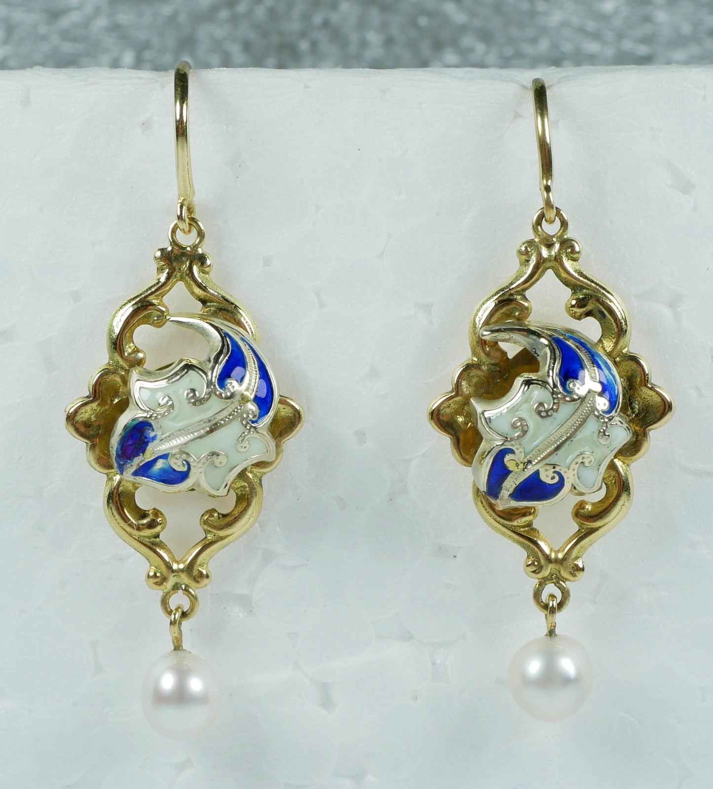 Antique Pair of Solid 18ct Yellow Gold Pearl & Enamel 40mm Dangle Earrings Hook