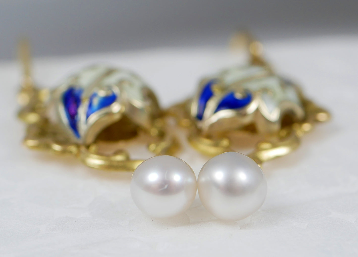 Antique Pair of Solid 18ct Yellow Gold Pearl & Enamel 40mm Dangle Earrings Hook