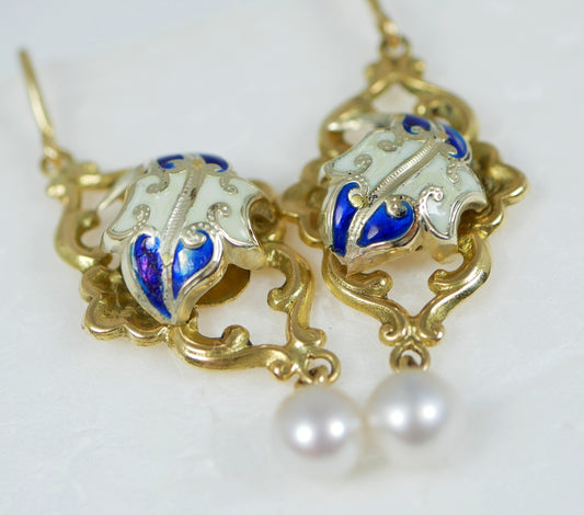 Antique Pair of Solid 18ct Yellow Gold Pearl & Enamel 40mm Dangle Earrings Hook