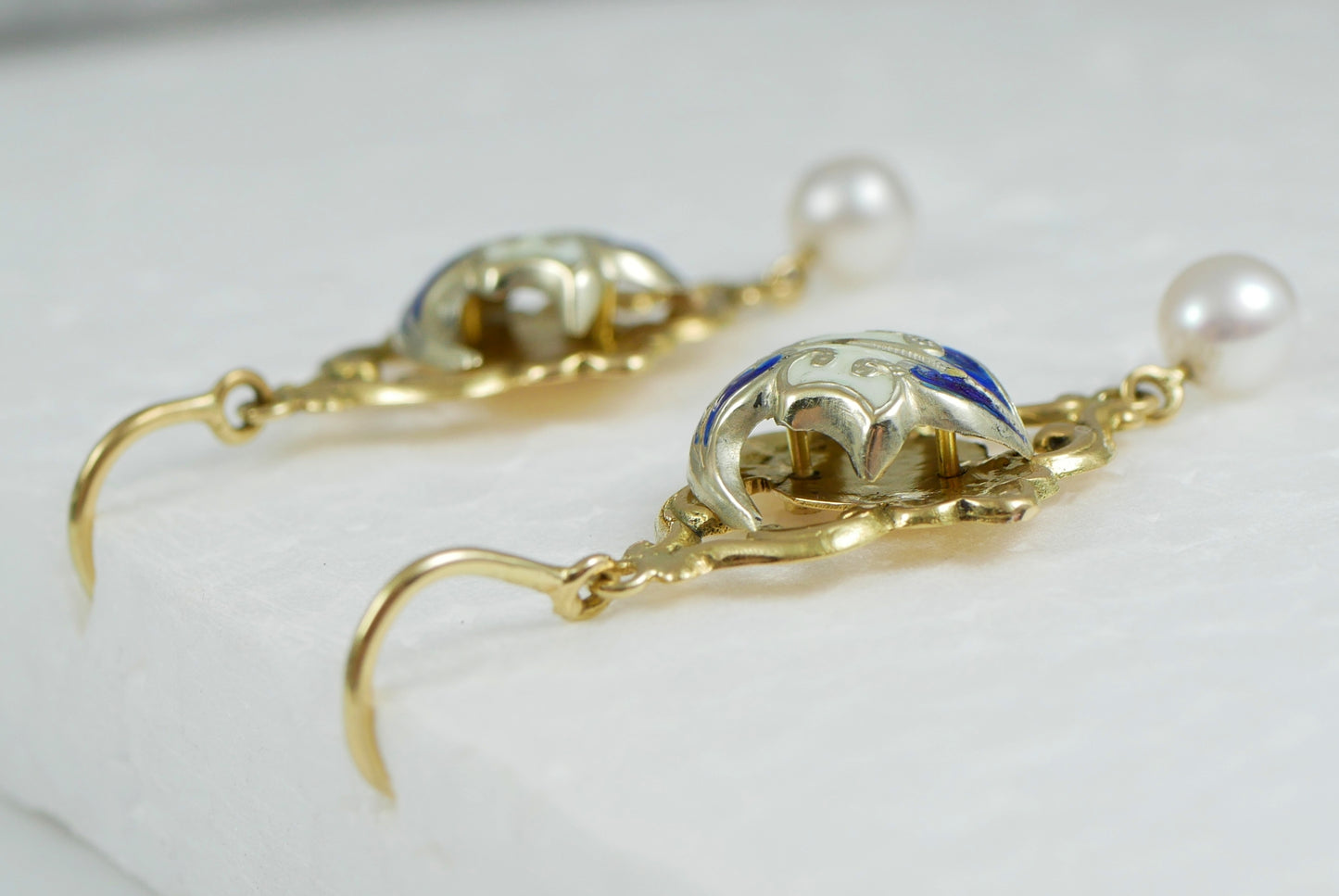 Antique Pair of Solid 18ct Yellow Gold Pearl & Enamel 40mm Dangle Earrings Hook