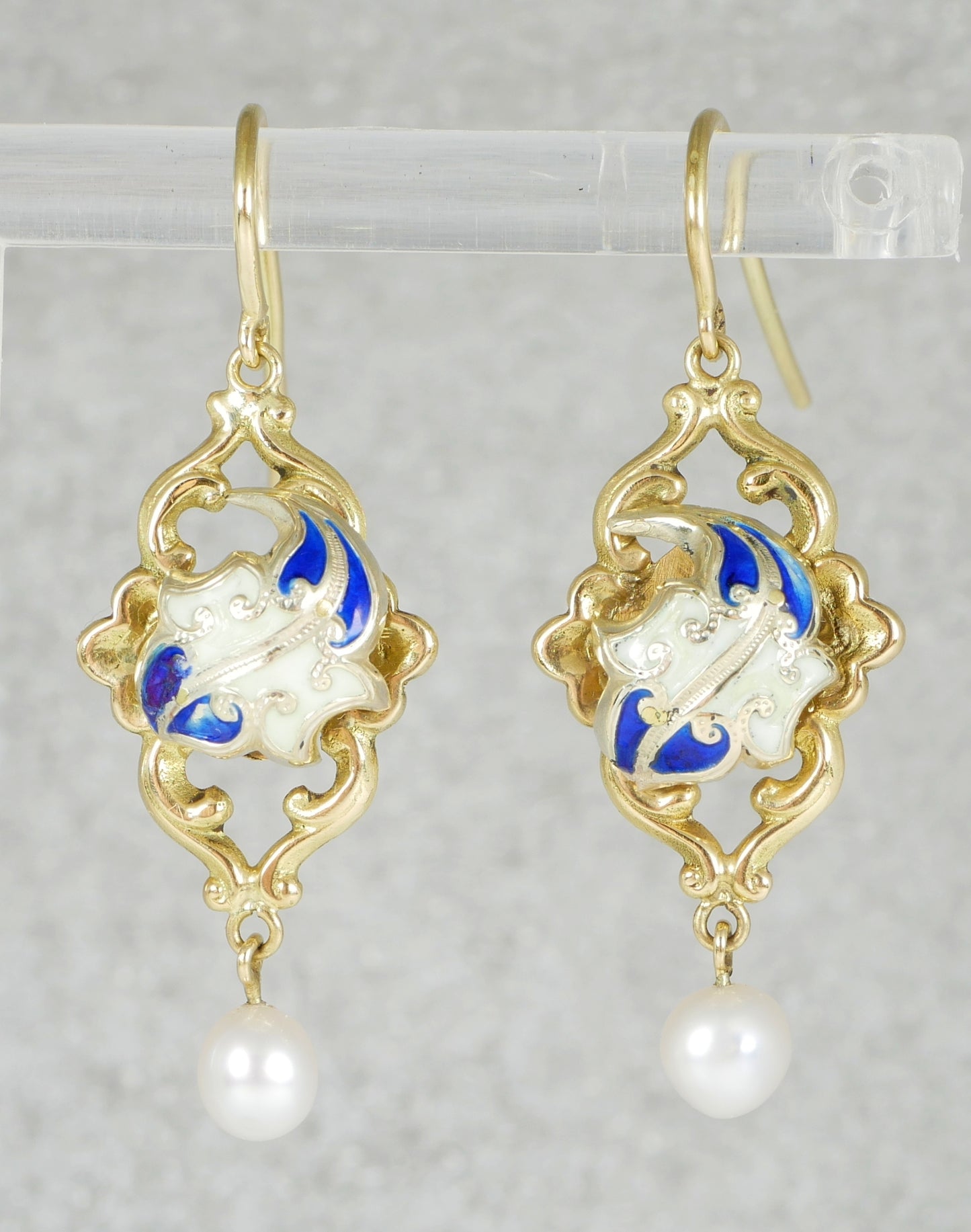 Antique Pair of Solid 18ct Yellow Gold Pearl & Enamel 40mm Dangle Earrings Hook