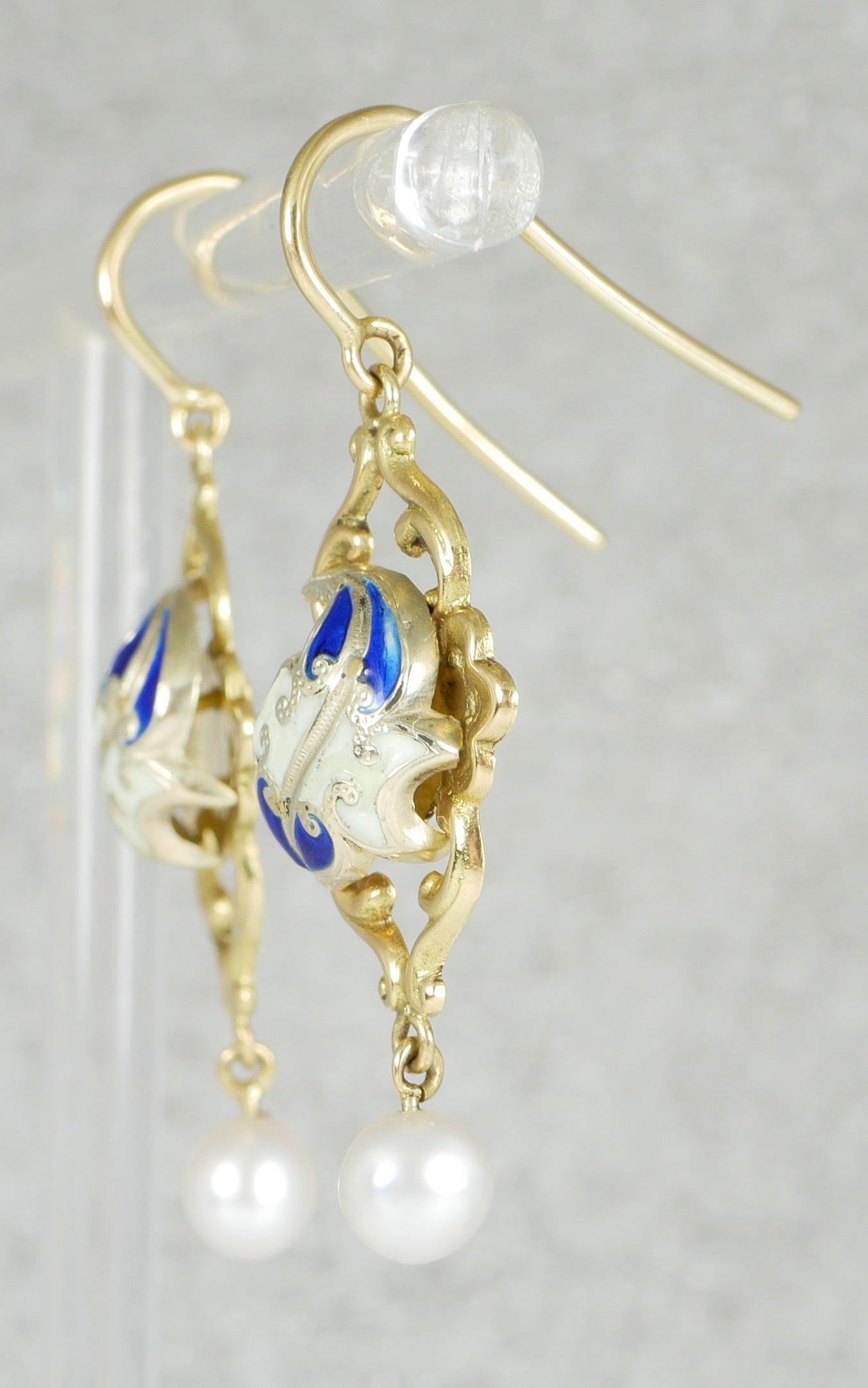 Antique Pair of Solid 18ct Yellow Gold Pearl & Enamel 40mm Dangle Earrings Hook