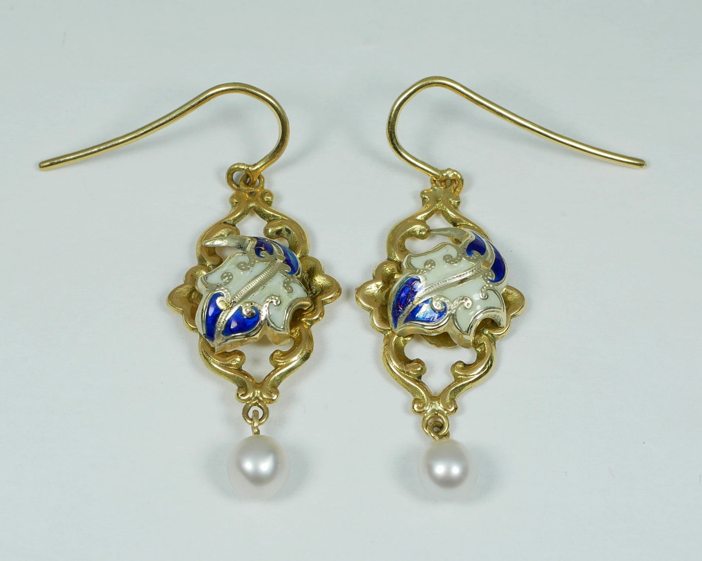 Antique Pair of Solid 18ct Yellow Gold Pearl & Enamel 40mm Dangle Earrings Hook