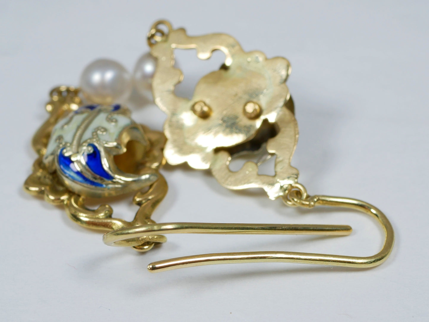 Antique Pair of Solid 18ct Yellow Gold Pearl & Enamel 40mm Dangle Earrings Hook