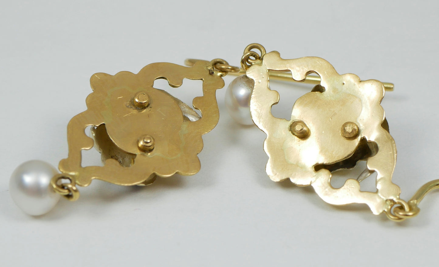 Antique Pair of Solid 18ct Yellow Gold Pearl & Enamel 40mm Dangle Earrings Hook