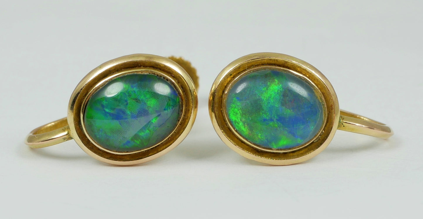 Vintage Pair of Solid 9ct Yellow Gold & Oval Opal French Screw Back Earrings Set