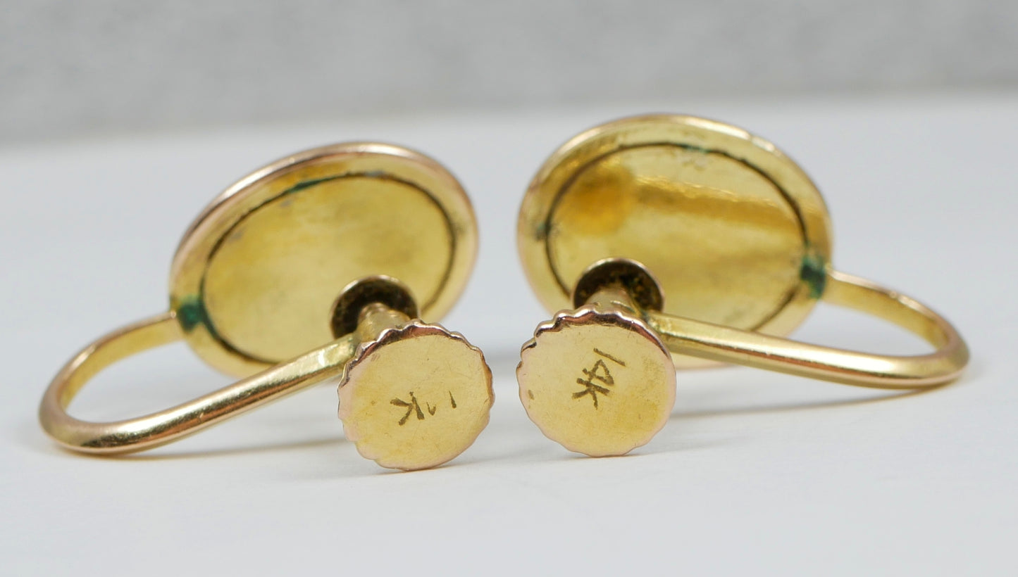 Vintage Pair of Solid 9ct Yellow Gold & Oval Opal French Screw Back Earrings Set