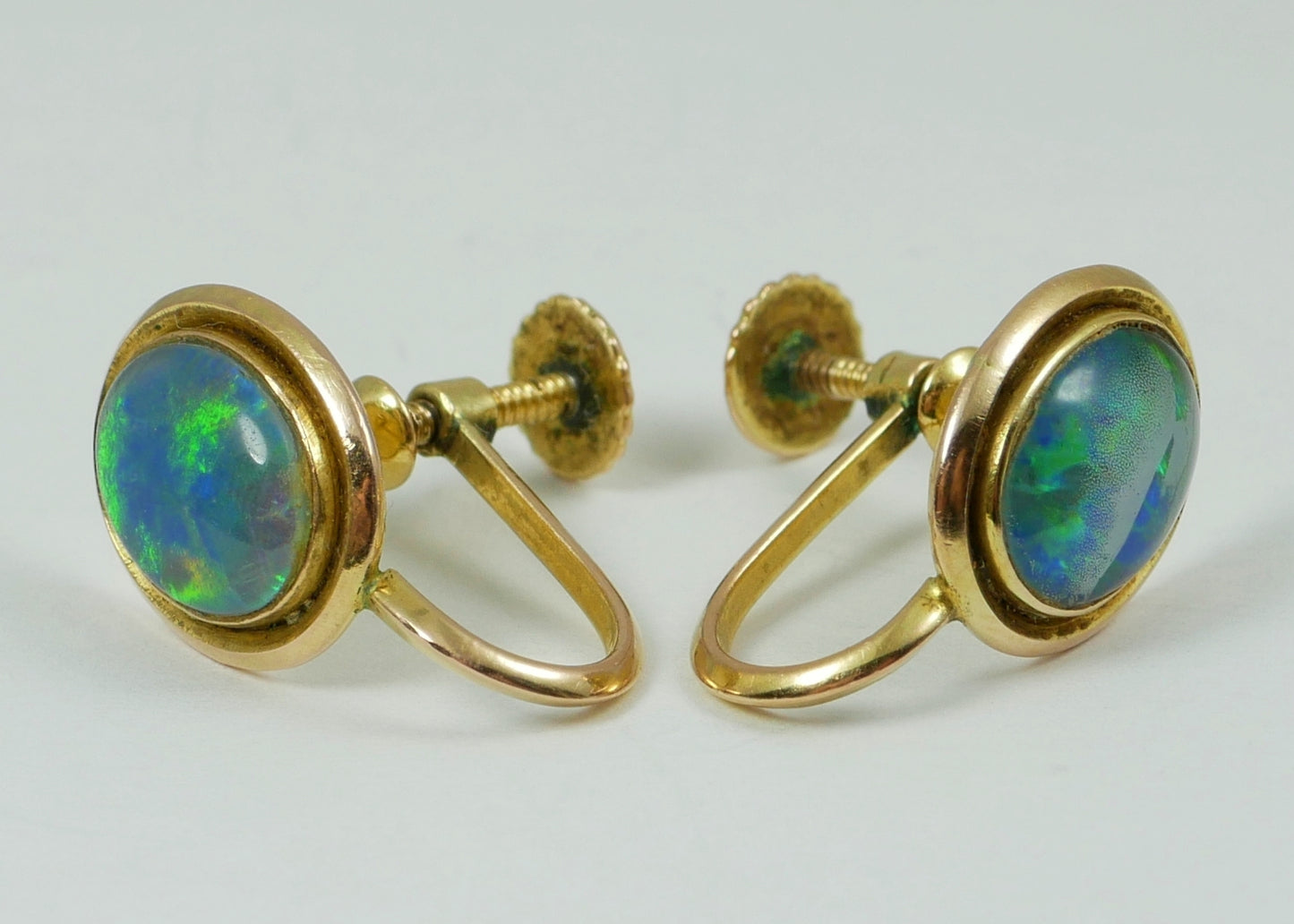 Vintage Pair of Solid 9ct Yellow Gold & Oval Opal French Screw Back Earrings Set