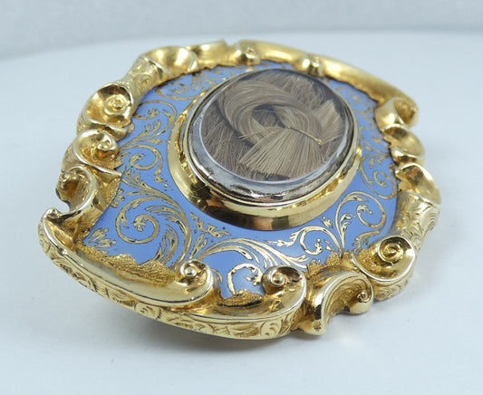 Antique Victorian 1875 Large 9ct Gold & Blue Enamel Hair Locket Mourning Brooch