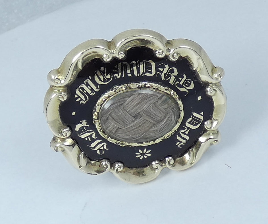 Antique Victorian 1843 Solid 9ct Gold & Black Enamel Woven Hair Mourning Brooch
