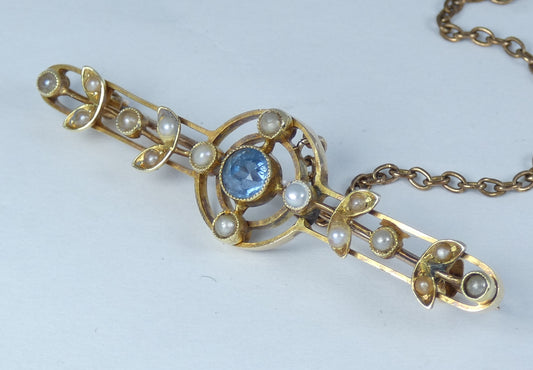 Antique Edwardian 1910 Solid 15ct Gold Blue Zircon Paste & Seed Pearl Bar Brooch