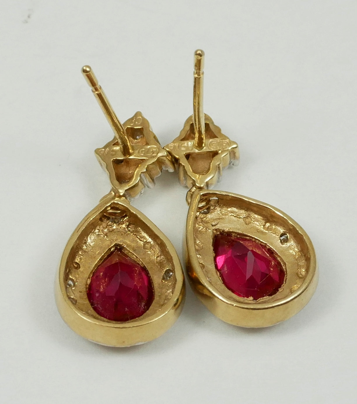 Set of Solid 9ct Yellow White Gold Pear Cut Ruby & Diamond 21mm Earrings Pair