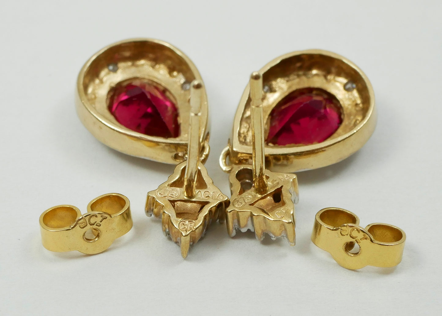 Set of Solid 9ct Yellow White Gold Pear Cut Ruby & Diamond 21mm Earrings Pair