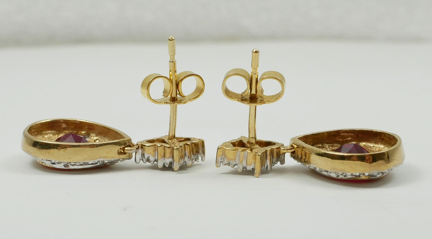 Set of Solid 9ct Yellow White Gold Pear Cut Ruby & Diamond 21mm Earrings Pair