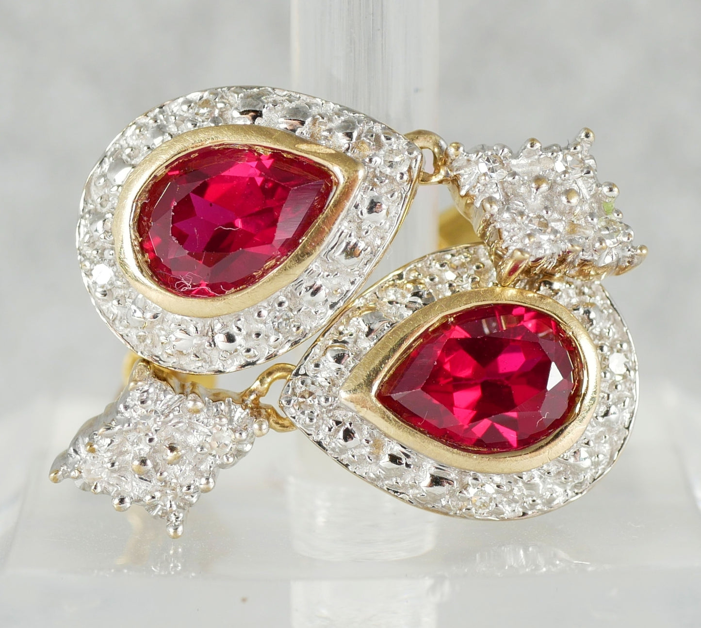 Set of Solid 9ct Yellow White Gold Pear Cut Ruby & Diamond 21mm Earrings Pair
