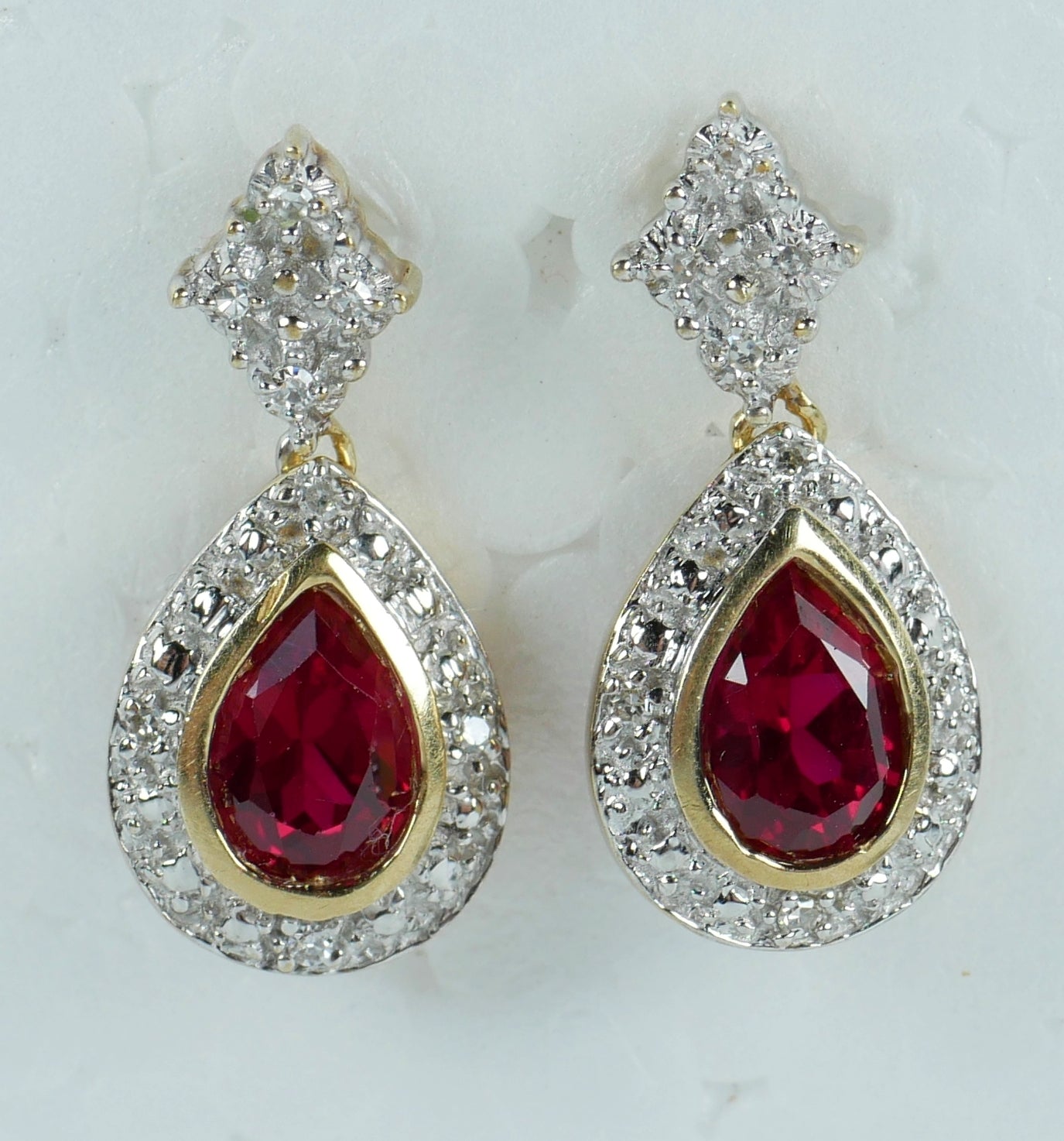 Set of Solid 9ct Yellow White Gold Pear Cut Ruby & Diamond 21mm Earrings Pair