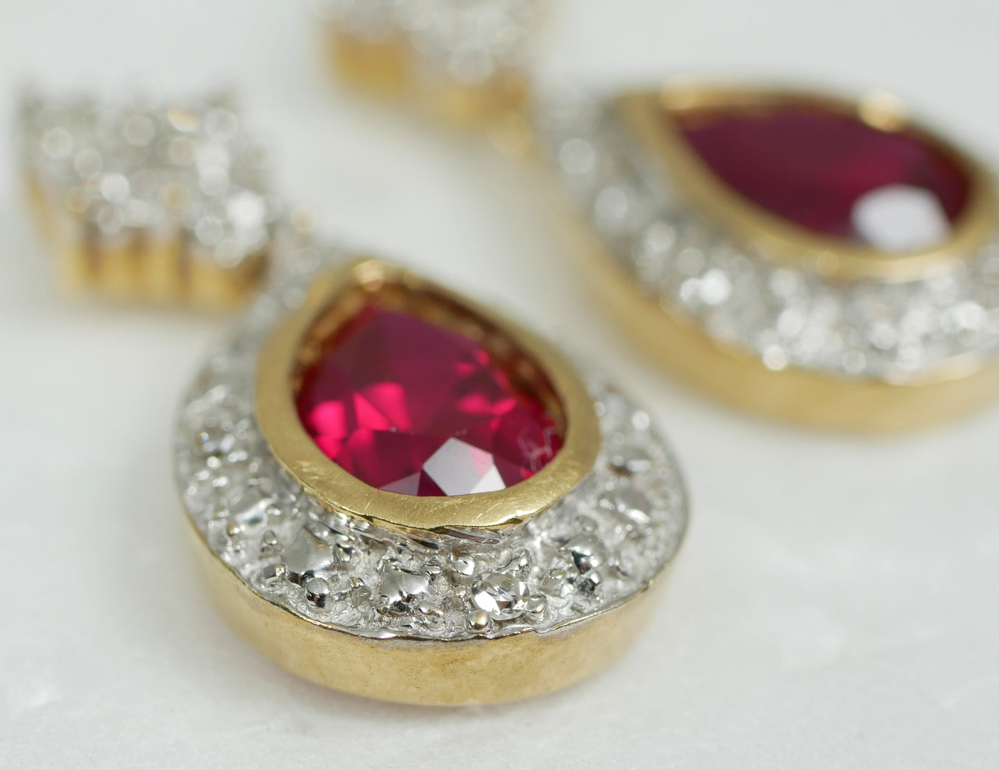 Set of Solid 9ct Yellow White Gold Pear Cut Ruby & Diamond 21mm Earrings Pair