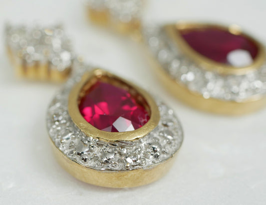 Set of Solid 9ct Yellow White Gold Pear Cut Ruby & Diamond 21mm Earrings Pair